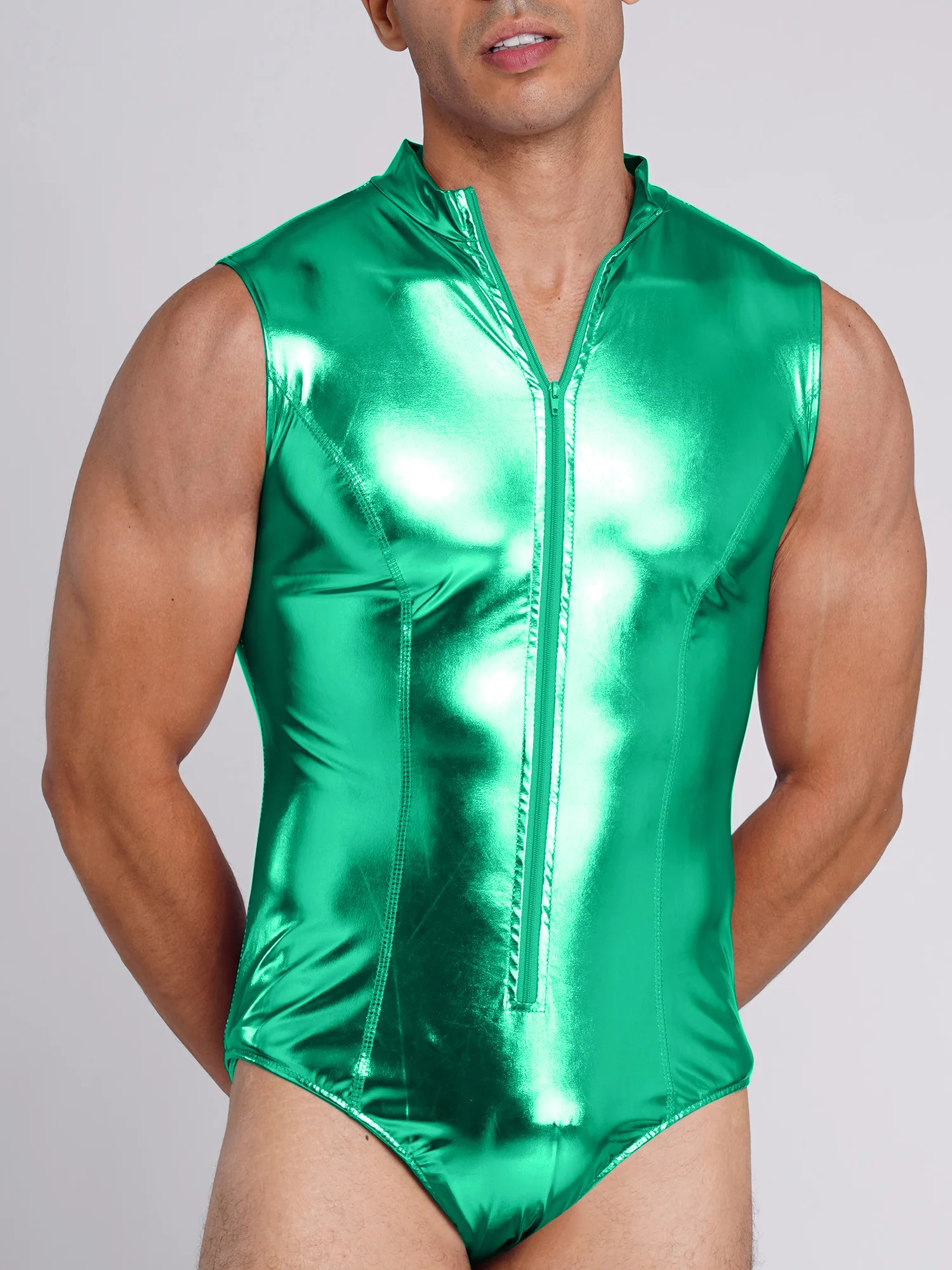 Men Metallic Shiny Sleeveless Bodysuit Mock Neck Front Zip Up Swim Jumpsuit Sparkly Sexy for Rave Party Clubwear Nightclub