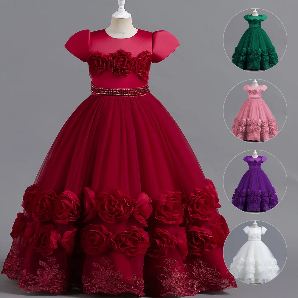 

ELBCOS 1-14T Kid Girls Bust Flower Embroidery Puff Short Sleeve Beading Belt Skirt Costumes Evening Full Dress