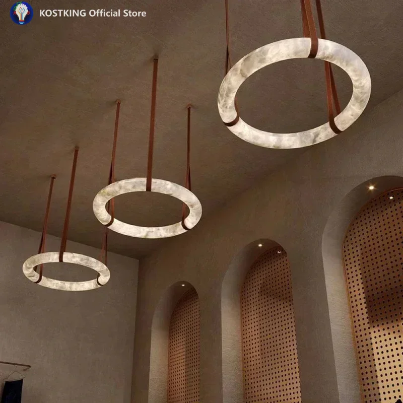 Nordic designer leather pendant light luxury marble ring led suspension lighting for Villa living room foyer hanging lamp