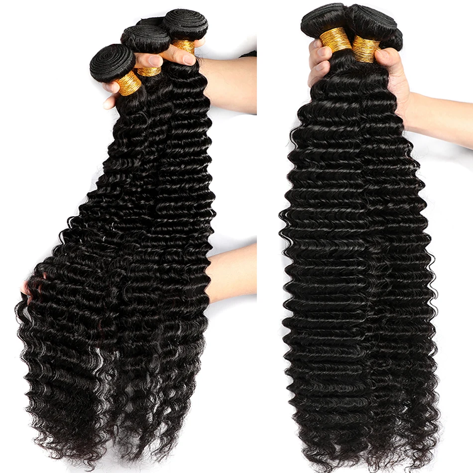 Deep Wave Curly Human Hair Bundles With Frontal 13x4 Ear To Ear Brazilian Hair Extensions for Women Weave 3 Bundles With Closure