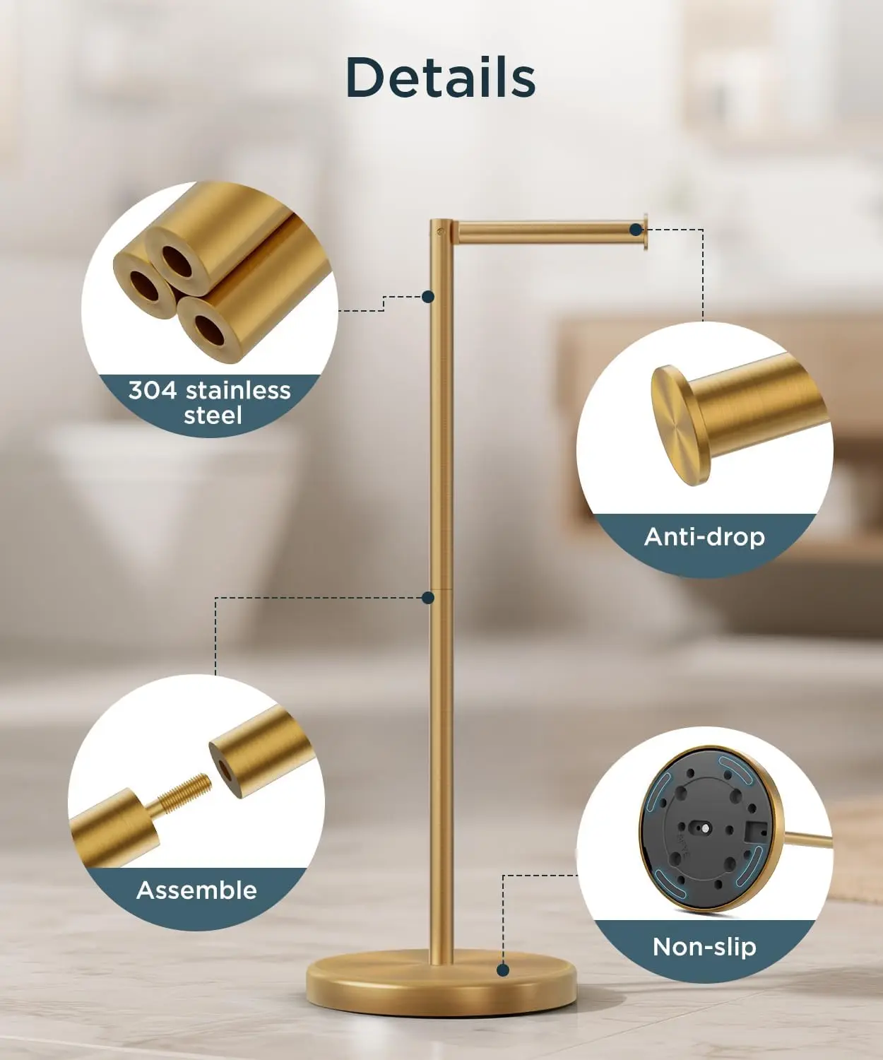 حامل ورق تواليت حديث قائم بذاته، مصنوع من الفولاذ المقاوم للصدأ المتين مع قاعدة مرجحة، يحمل 4 لفات باللون الذهبي المصقول