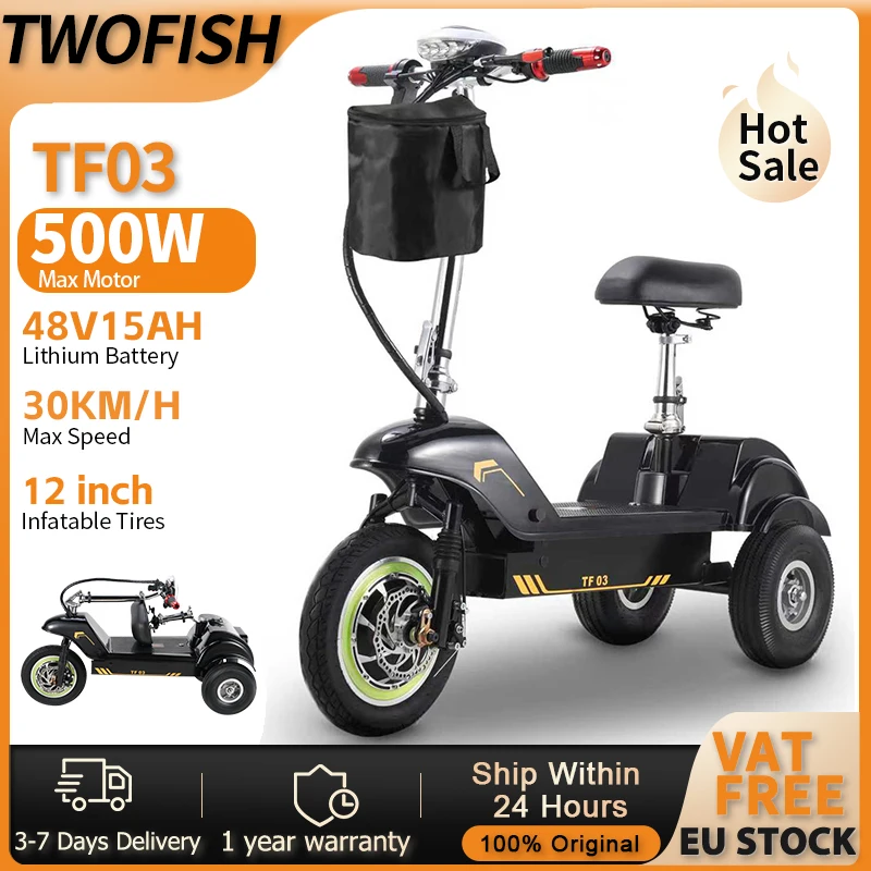 TWOFISH TF03 Opvouwbare elektrische scooter voor volwassenen 12 inch driewielige scooter 48V15AH batterij 500W 30 km/u Max. snelheid met mand