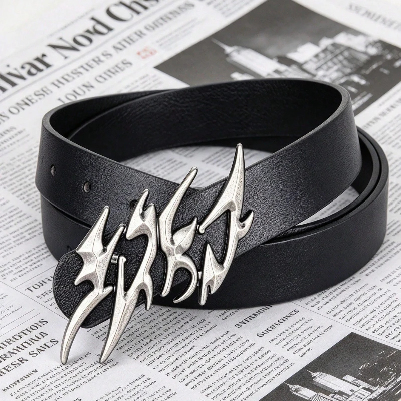 Punk style silver irregular buckle men's belt, retro metal large buckle belt, fashionable and cool personalized accessories