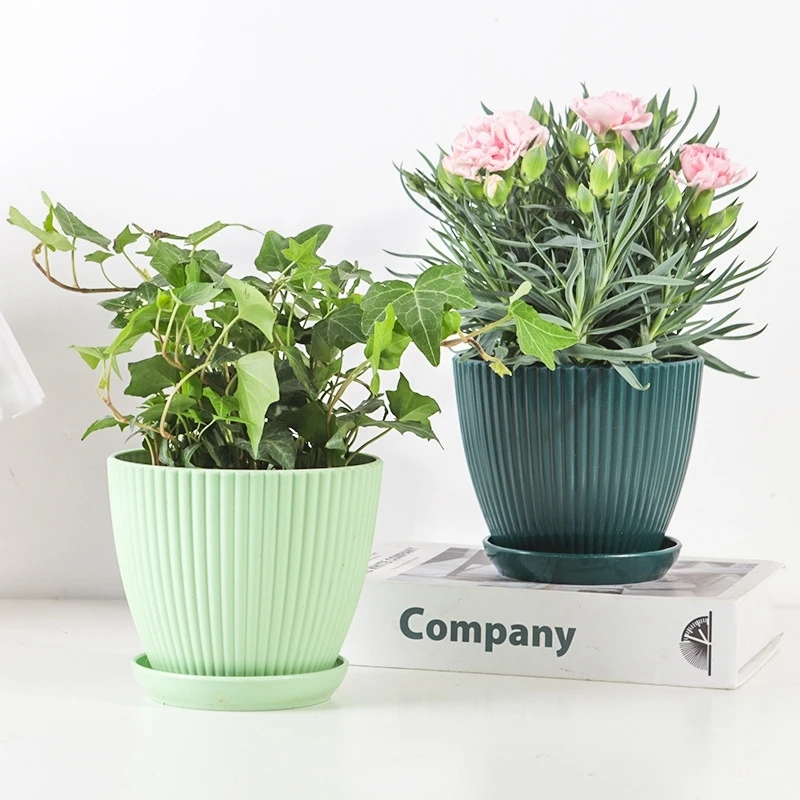 Plastic Flower Pots with Tray Solid Color Plant Pot Thickened Green Plant Potted Planters Wholesale Gardening Supplies