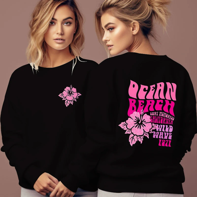 Pink Flower Design Autumn Sweatshirt Women Trendy Ocean Beach Casual Girls Y2K Hoodie Pink Hibiscus Ocean Beach Quote Sweatshirt