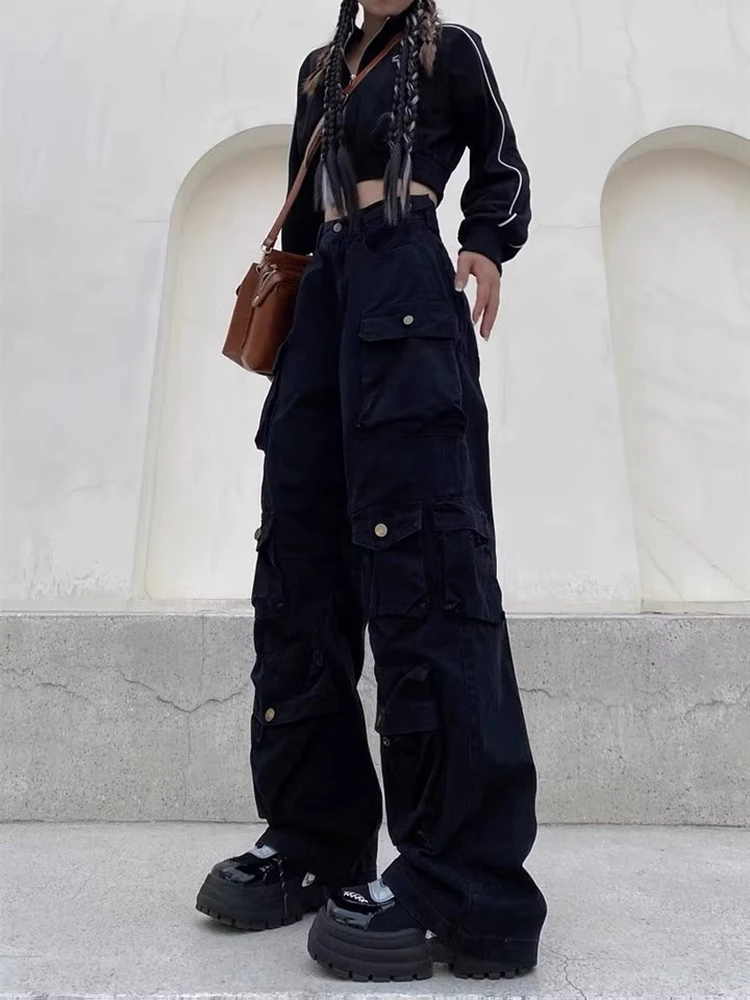 Multi-Pocket Cargo Pants Y2k Retro Fashion High Waist Jeans Couple Harajuku Simple High Street Casual Wide Leg Pants y2k pants