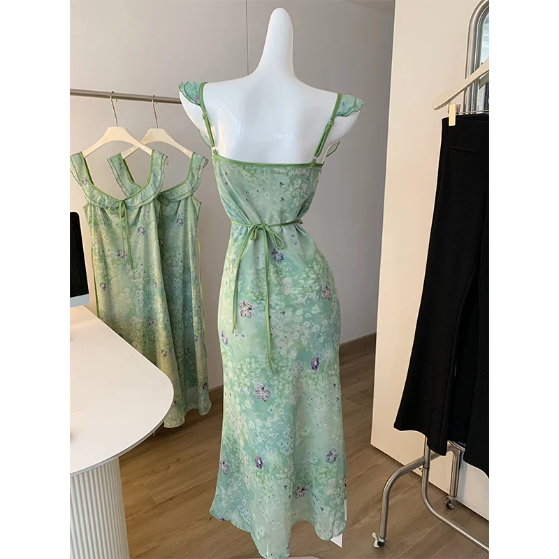 Abito estivo da donna elegante in chiffon sottile senza maniche con scollo quadrato Lady Streetwear Holiday Abito lungo con lacci in vita