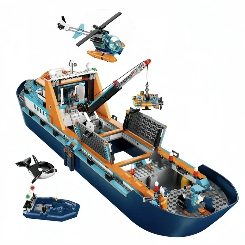 Arctic Explorer Ship Model Compatible Building Block Toys Floatable Boat Helicopter ROV Sub Orca Bricks Gifts Boys Girls