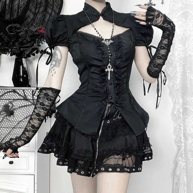 Goth Dark Techwear Black Blouse Sexy Hollow Out Drawstring Slim Shirt E-girl Lace Splice Alt Tops Mall Gothic Women Cute Shirts