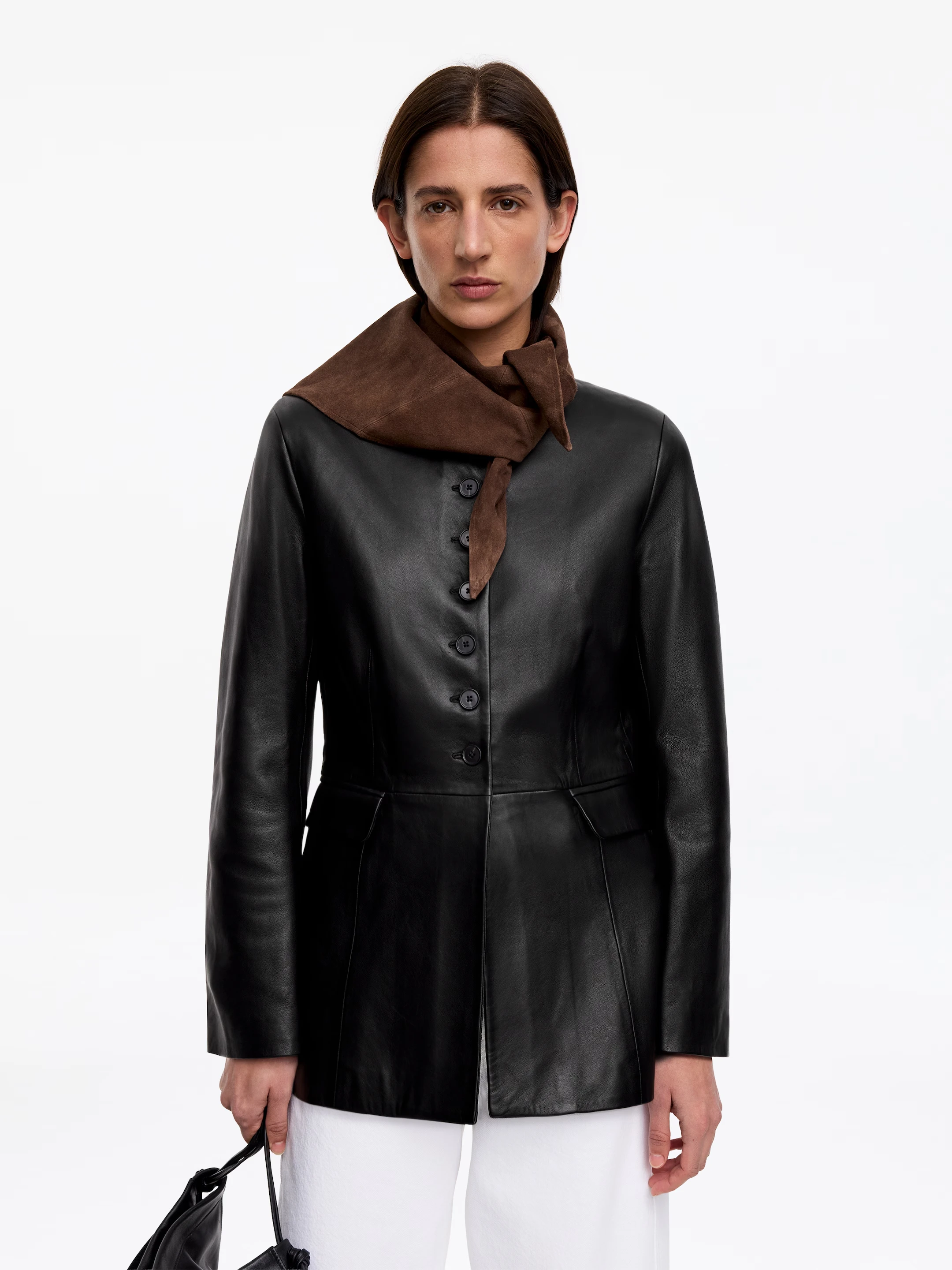 Laur 2026 Stand Collar Slim Sheepskin Jacket Women Button Pockets Soft Mid Leather Outerwear Autumn Office Daily Outfit Coat