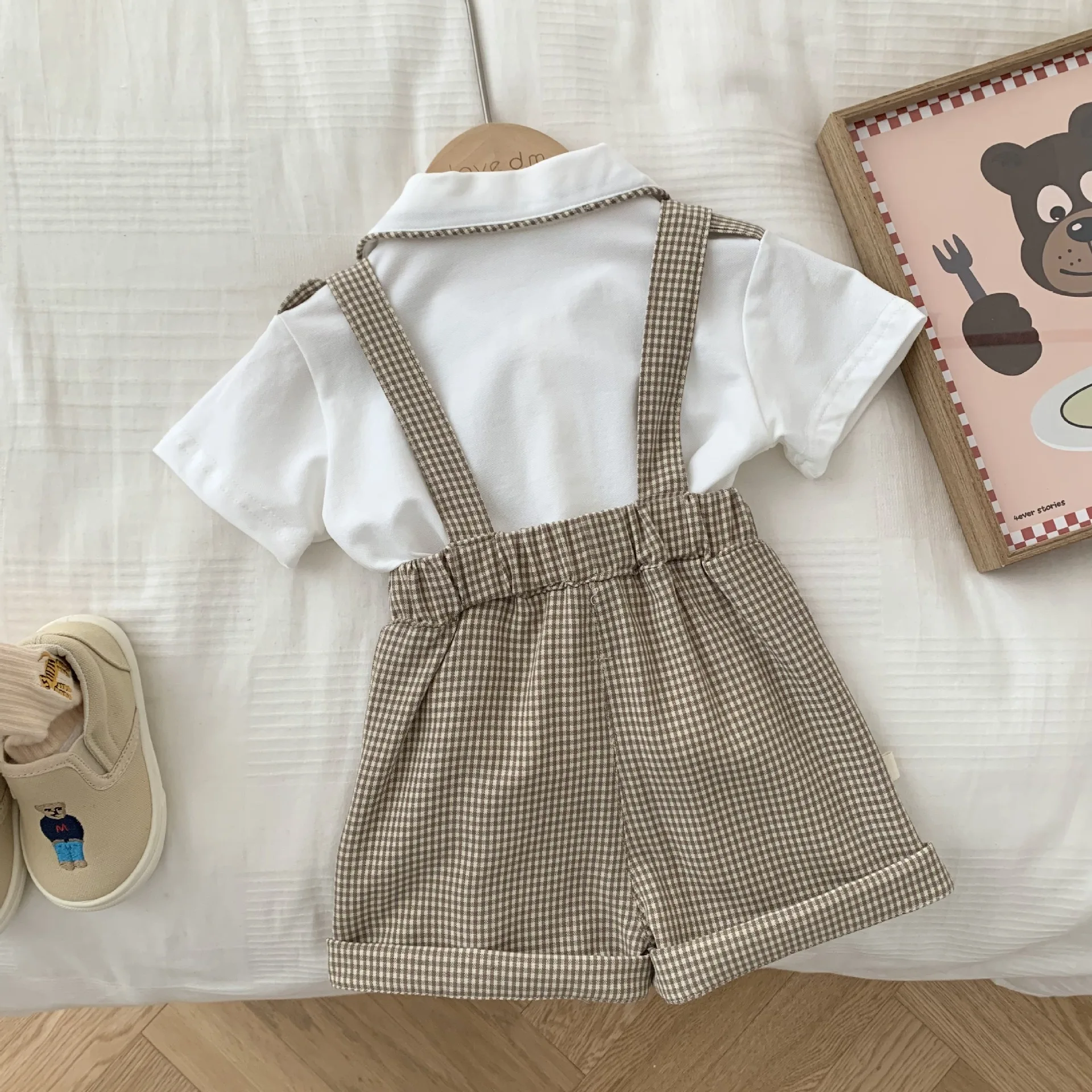 2024 Summer Children Boy Clothes Set Cotton College Style Striped Suspenders Suit Solid White Shirt Include Bow Tie For 0-6Y Boy