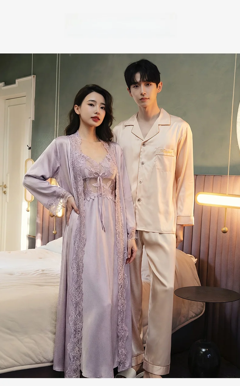Conjunto de dos piezas de camisón de seda helada con encaje y almohadillas en el pecho para parejas, ropa de dormir de primav...