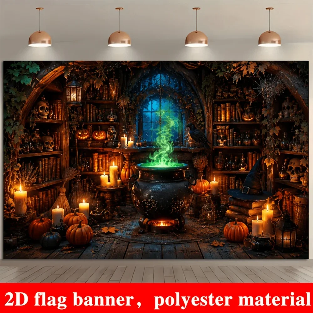 1 piece 2D flag Halloween Wizard's Cottage themed banner background with a magic cauldron emitting green smoke