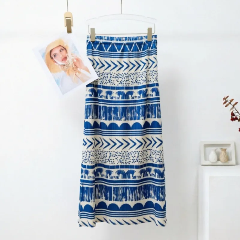  Pleated Skirt 2026 Summer New with Side Slits, Digital Print, Simple Casual Elegant Fashion Elastic Waist A-line Skirt