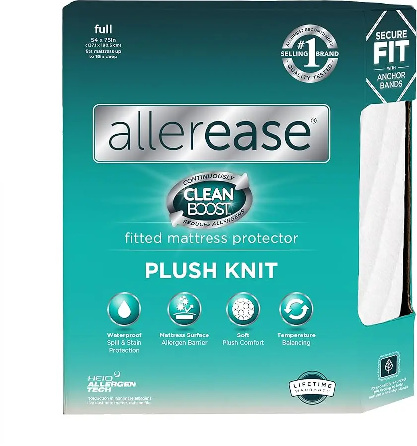 

AllerEase CleanBoost Plush Knit Soft Waterproof Mattress Protector Full Size Allergen Barrier Temperature Balancing Machine Wash