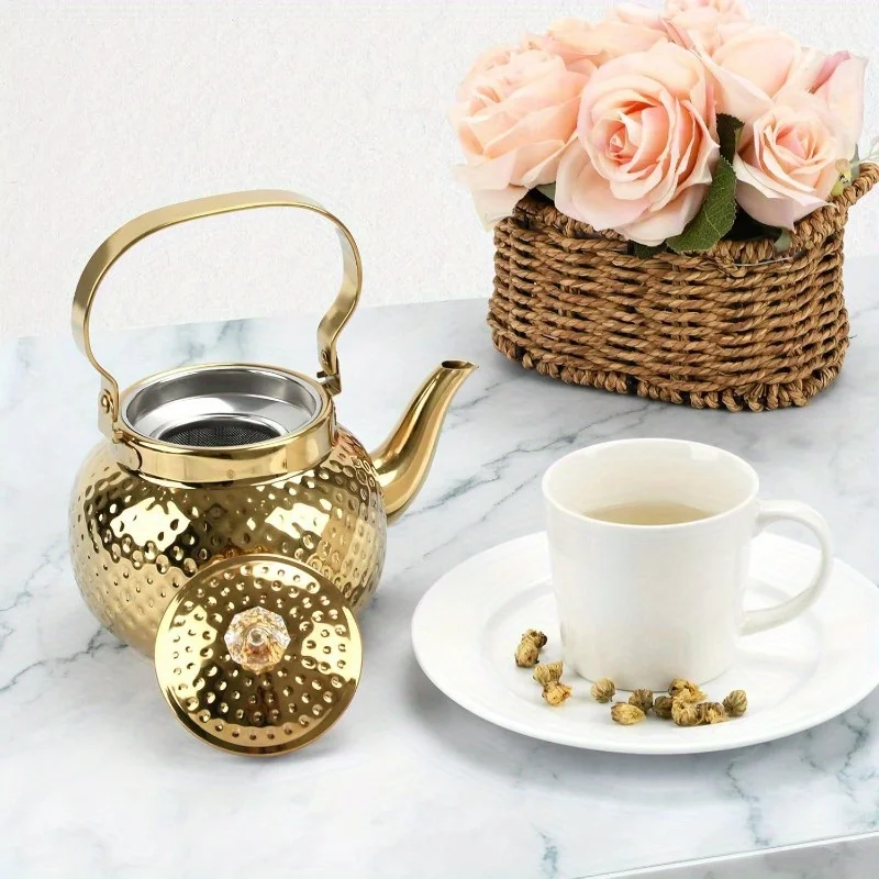 

1PC Stainless Steel Teapot with Strainer Hammered Spherical Kettle Household Induction Cooker Tea Pot Teapot
