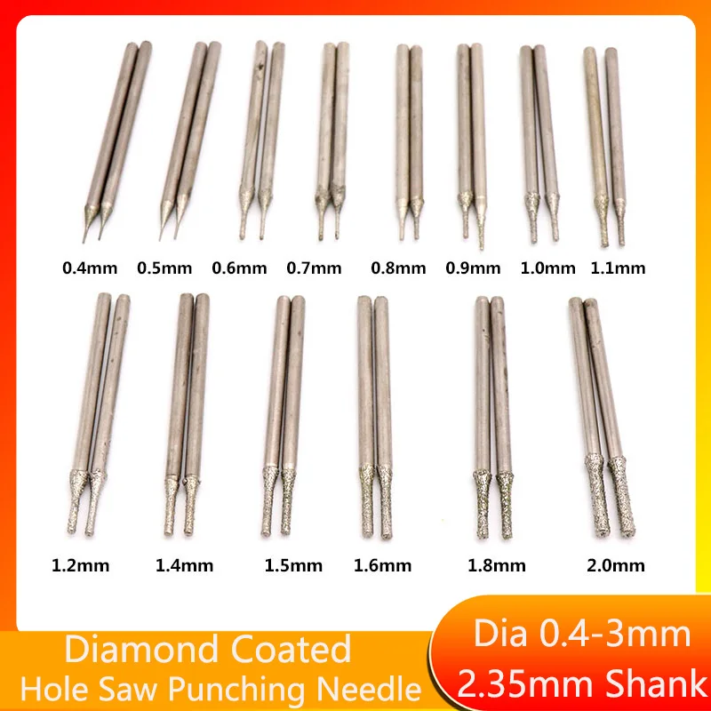 2.35mm Shank 0.4/0.5/0.6/0.7/0.8/0.9/1.0/1.2/1.3/1.4/1.5/1.6/1.8/2~3mm Diamond Coated Tipped Drill Bit for Tile Jewellery Glass