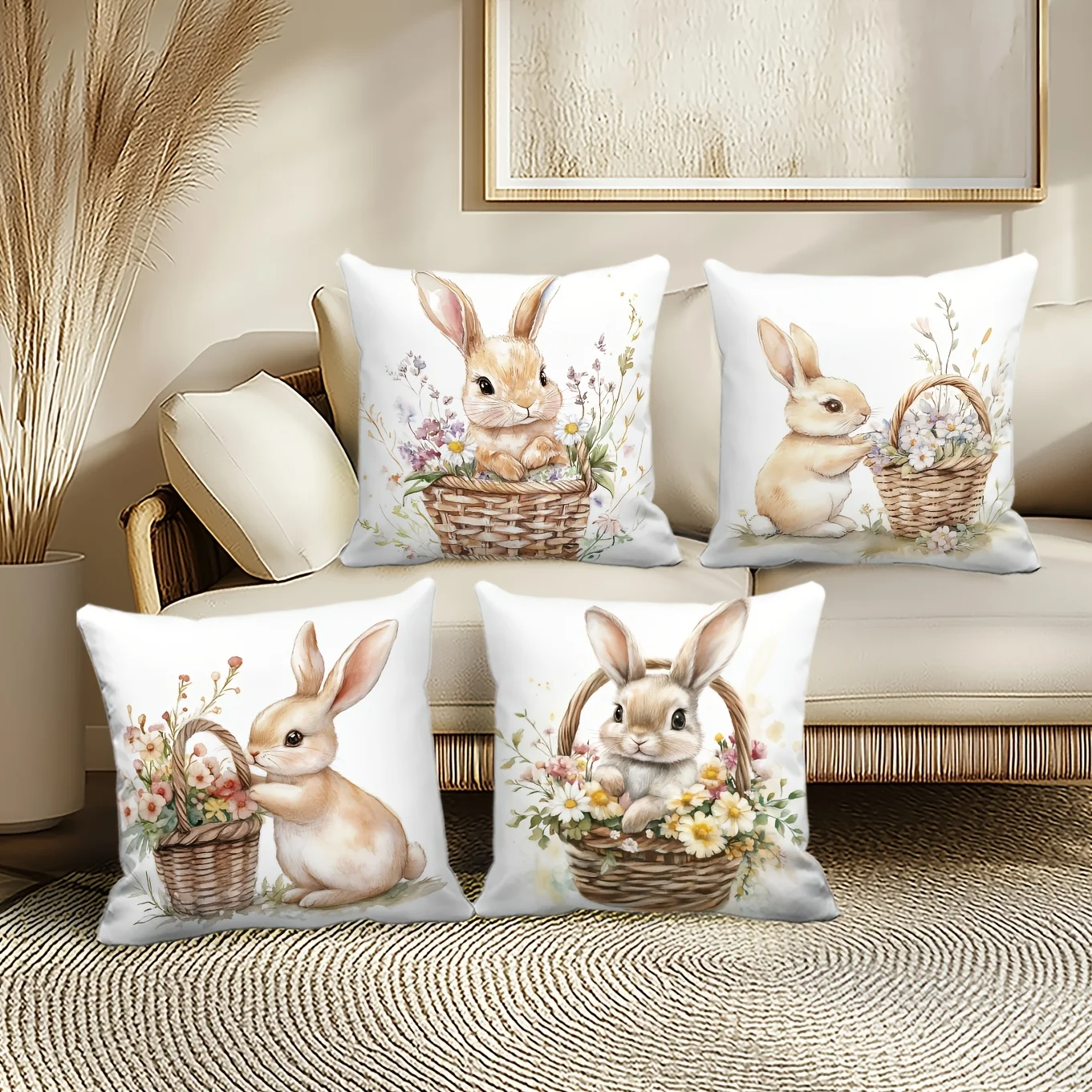 Easter 1-piece watercolor bunny and floral cushion cover set, fresh and soothing style, pillow insert not included.