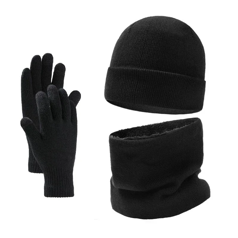 2026 Outdoor Warm Brushed Men's Beanie Hat Scarf Gloves 3 Pieces Set Windproof Knit Ring Muffler Hats and Caps for Men