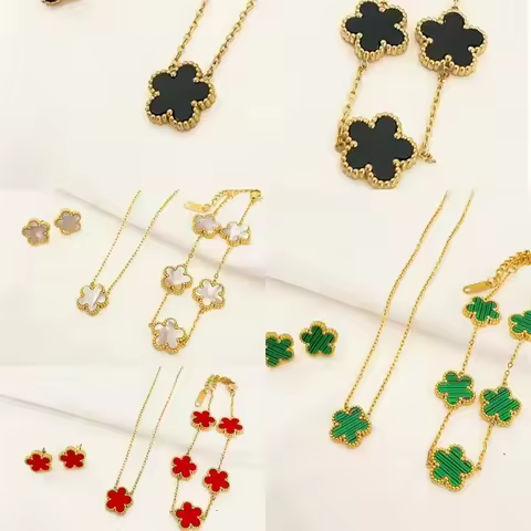 18k Plated Gold Stainless Steel Five Point Star Bracelet Necklace Earrings Double Sided Plum Blossom Chain Party Jewelry Clover