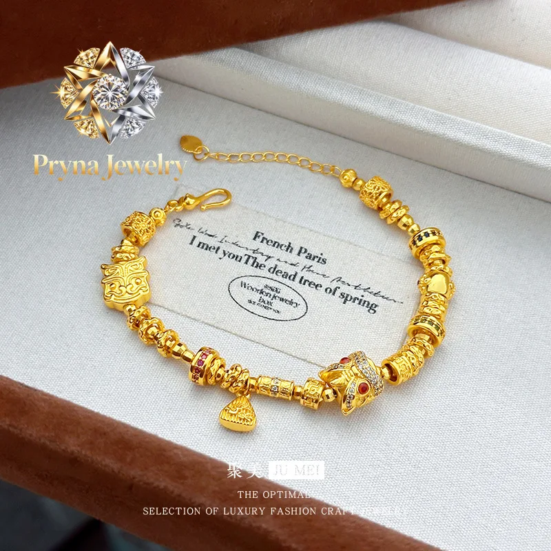 Pryna Jewelry  luxury designer jewelry 9999 24K real gold new light design new Chinese style diy wake up lion running ring wrapp