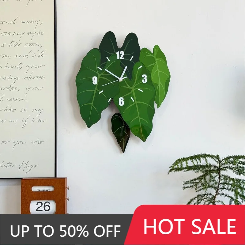 Swinging Wall Clock Creativity Tropical Green Plants Timepiece Bedroom Living Room Indoor Timepiece Home Decoration Quartz Clock