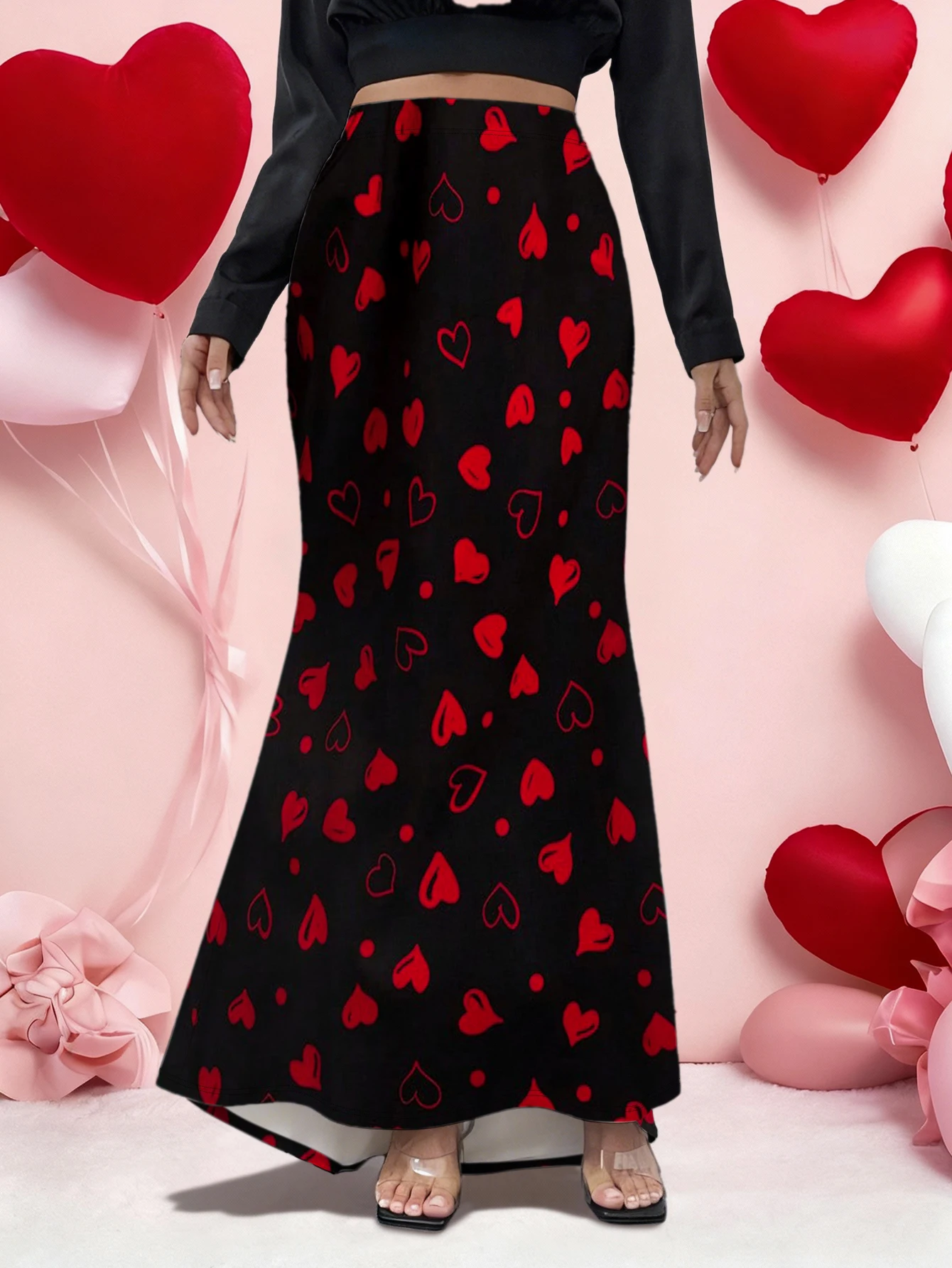 Women Standard Size Black Red Heart Print High Waist Bodycon Mermaid Long Skirt Party Club Maxi Skirt