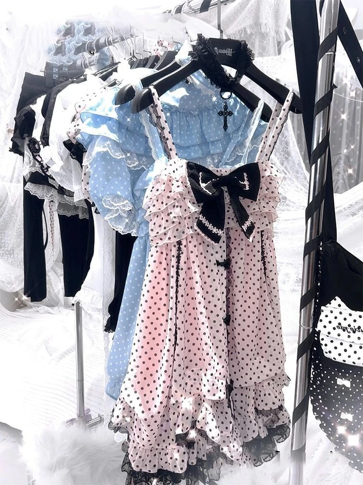 Japnese Kawaii Lolita Strap Mini Dress Pink Dot Print Velvet Bow Tiered Ruffle Black Lace Hem Daily Streetwear Outfit Women 2026 view 2
