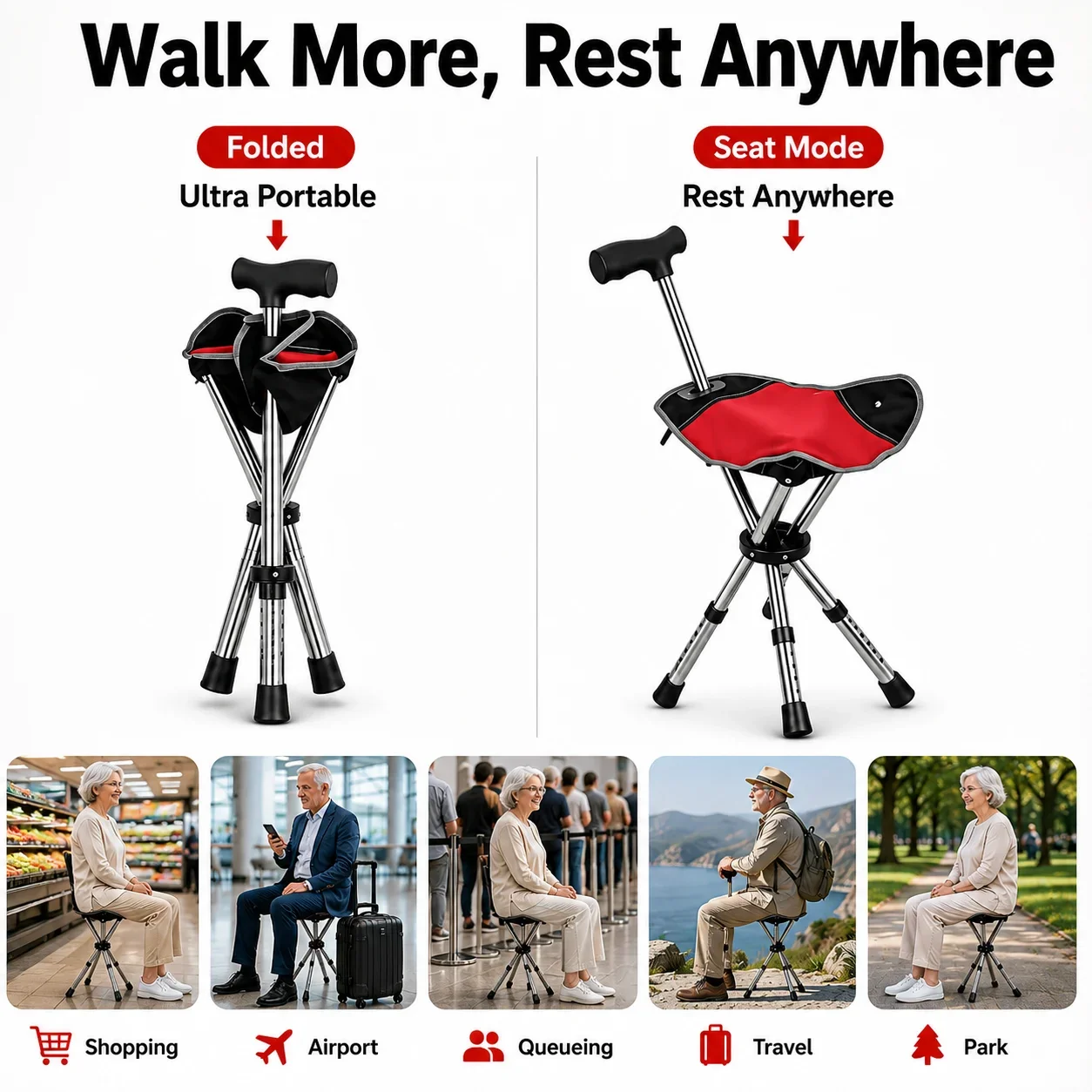 2-in-1 Folding Cane with Seat, Adjustable Walking Stick Chair for Seniors, Portable Non-Slip Cane Stool for Travel and Camping