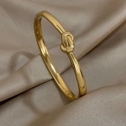 AENSOA Simple Fashion Glossy Gold Plated Twist Knot Stainless Steel Thin Bangles Bracelets for Women Men Trendy Charm Jewelry