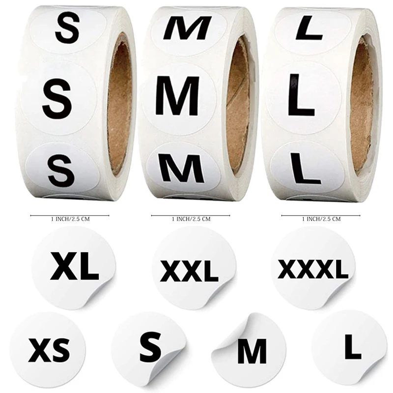 500 Buah/Gulungan Stiker Label Ukuran 2.5Cm Stiker Label Perekat untuk Gaun Topi Pakaian Supermarket S/XS/M/L/XL/XXL Stiker Simbol