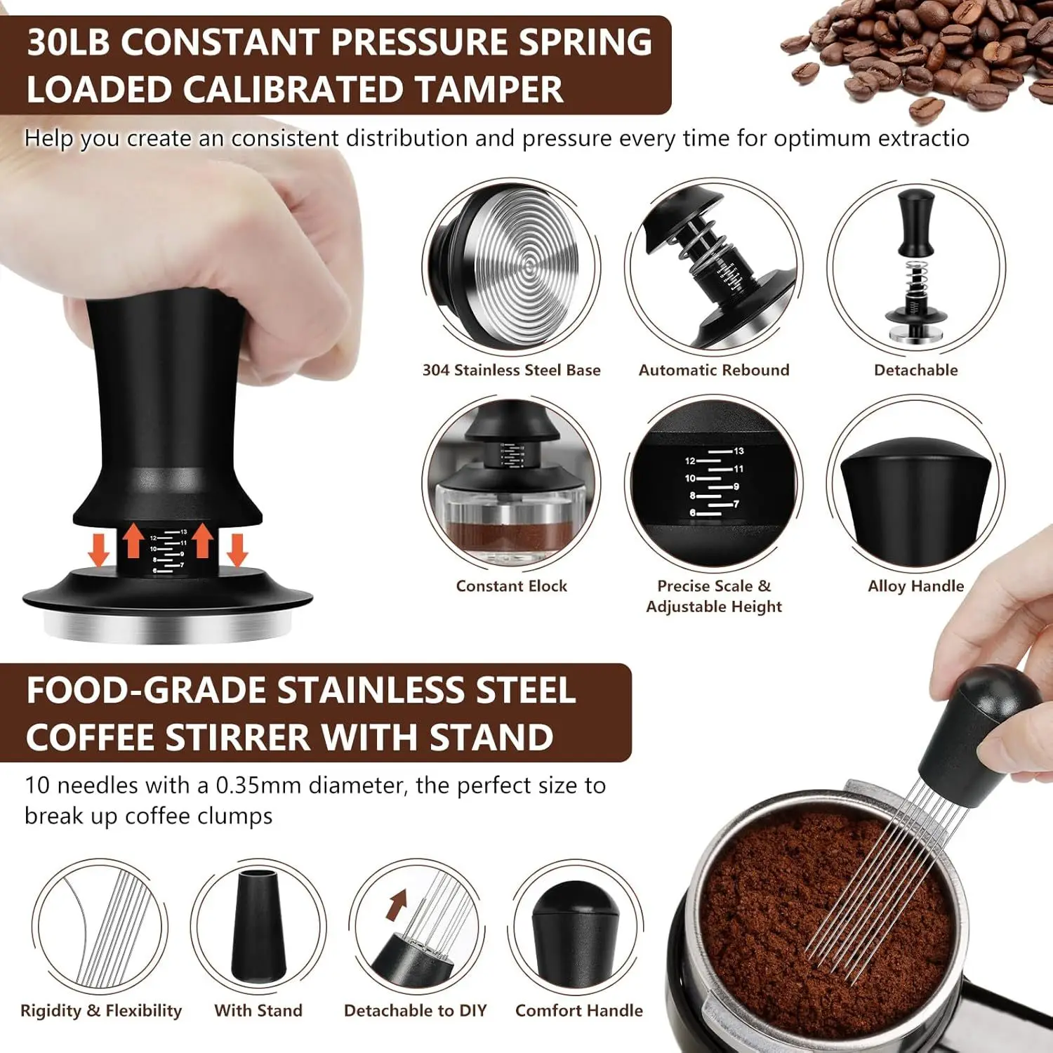 7Pcs Coffee Utensils Stainless Steel Pressing Hammer Loose Powder Needle Spoon Printing Model Professional Coffee Accessories