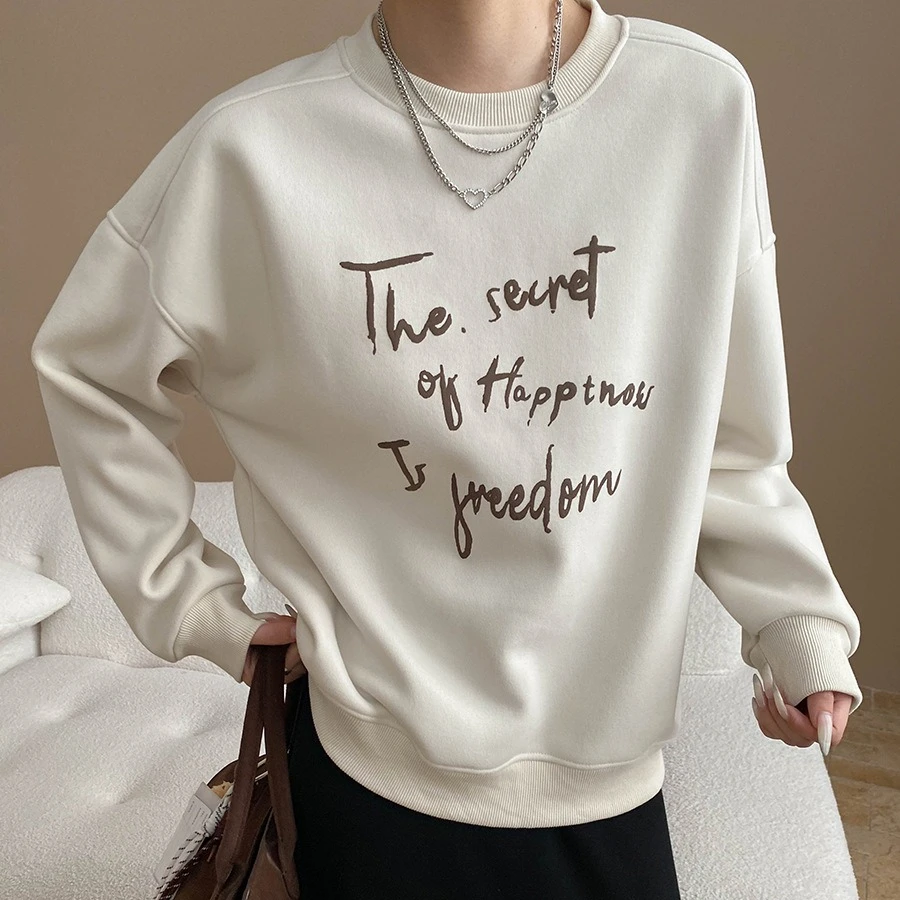 

Women Pullover Sweatshirts Letter Fleece Coat Long Sleeves Round Collar Thick Loose Fit Office Lady Casual 2025 Spring Autumn