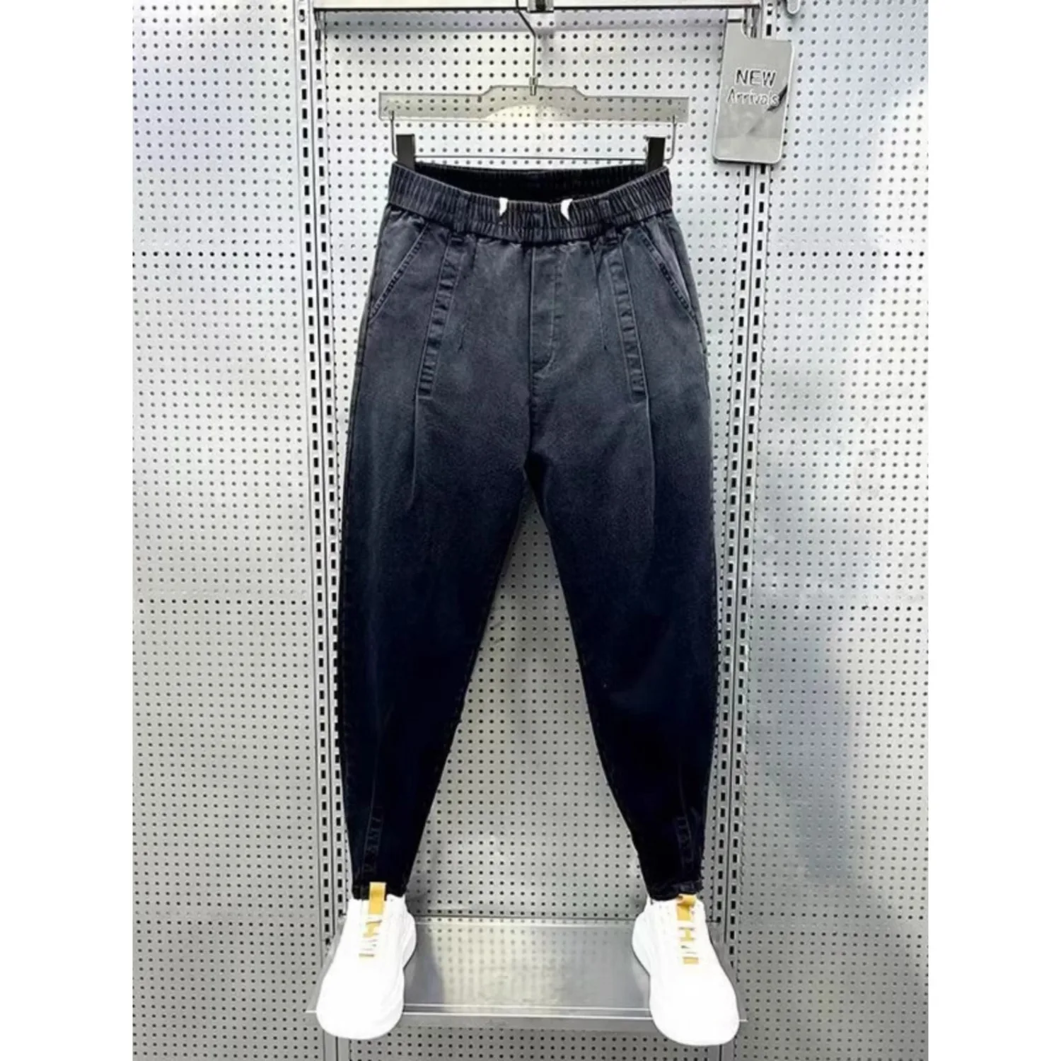 Men's Autumn Winter Large Size 250 Pounds Cuffed Denim Pants Pure Color Elastic Waist Regular Wash Casual Pants Super Popular...