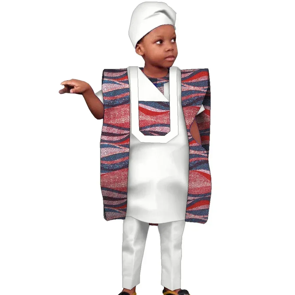 Children\'s Clothing African Agbada Robe Suit for Kids Patchwork Dashiki Boy Suit 4 Pcs Set Shirt Pant and Coat with Hat WYT619