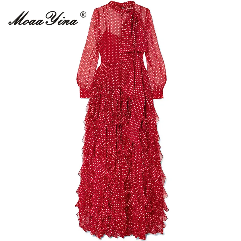 

MoaaYina Spring Fashion Designer Red Vintage Dot Print Dress Women Frenulum Collar High Waist Cascading Ruffles Slim Long Dress