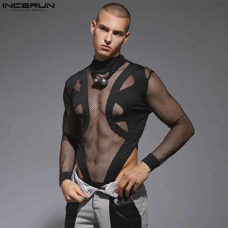 INCERUN Men Bodysuits Mesh Patchwork Sexy Turtleneck Long Sleeve Skinny T Shirt Men Streetwear Transparent 2023 Fashion Bodysuit