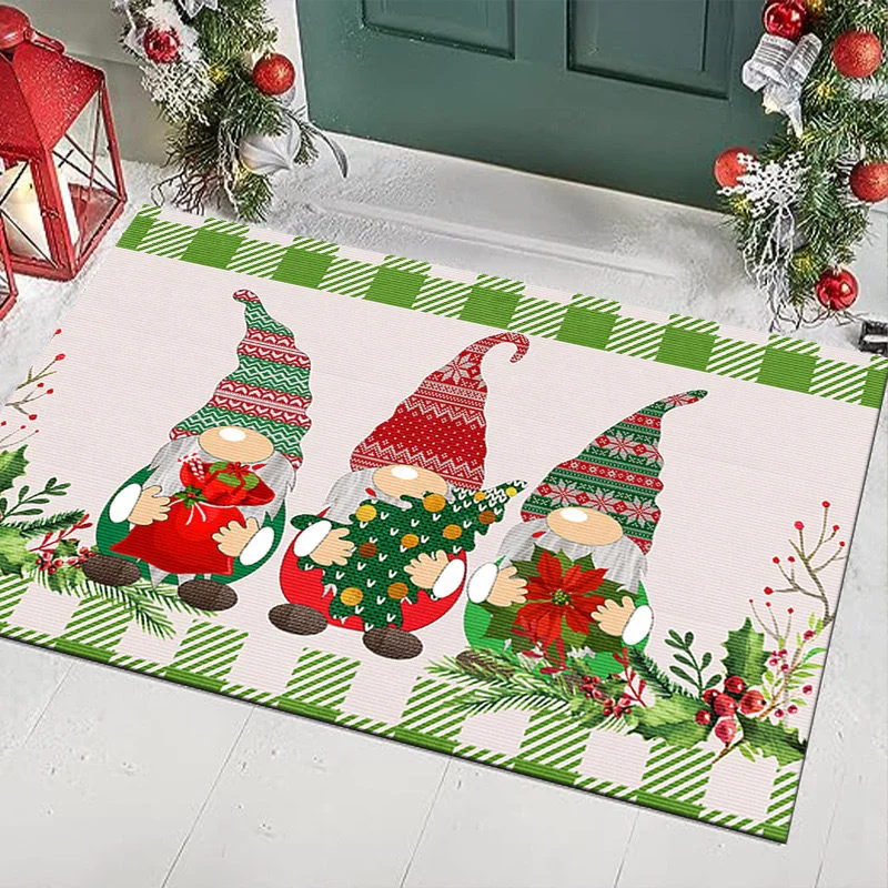 VIKAMA Holiday Doormat Green Plaid Border Gnome Holly Berry Gift Pattern Anti Slip Rug For Entryway Hallway Xmas Home Decor