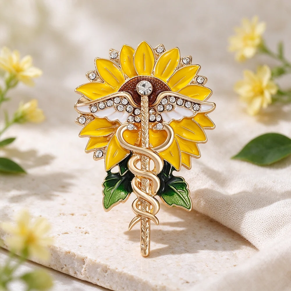 Sunflower Caduceus Brooch Rhinestone Winged Snake Staff Enamel Pin Medical Theme Lapel Badge Nurse Doctor Jewelry Gift