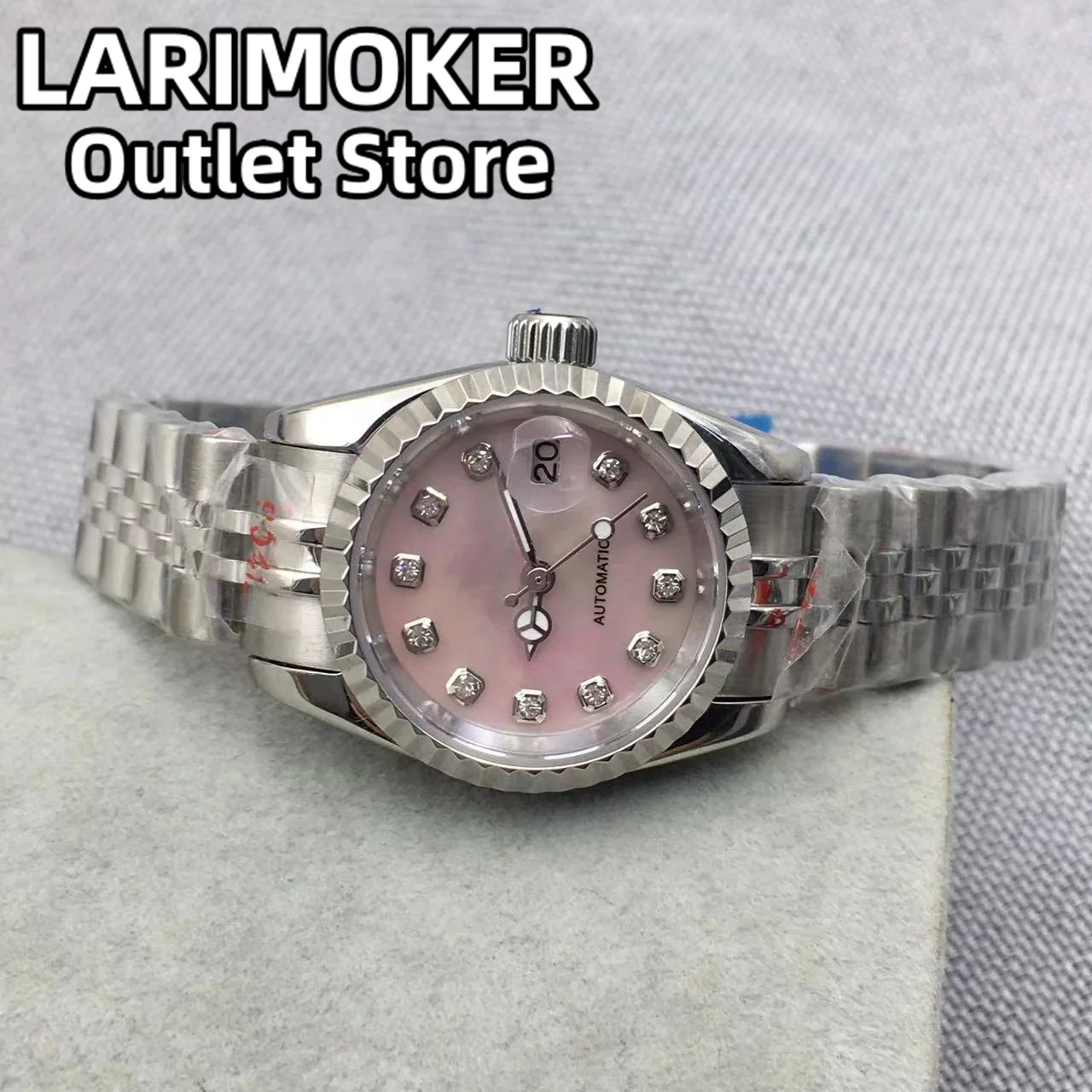 LARIMOKER Silver 26mm Mechanical Women\'s Watch White Pink Shell Dial Silver Gold RoseGold Index Sapphire Glass fit NH05 Movement