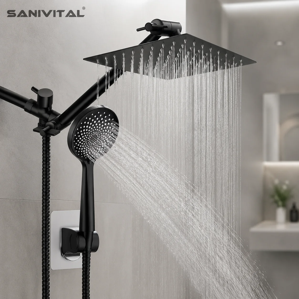 

SANIVITAL Matte Black Rainfall Shower Head Set Bathroom Kit with Handheld Sprayer Easy DIY Installation