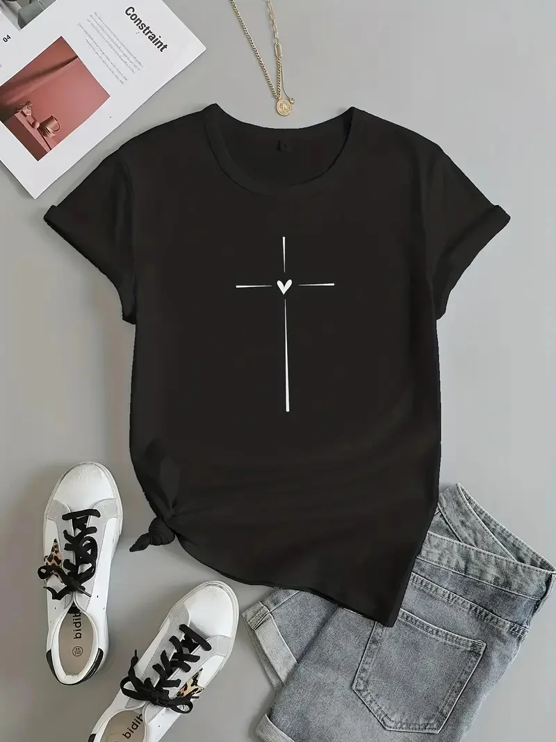 Cross Graphic Print Crew Neck T-shirt,fashion Casual Short Sleeve T-shirt For Spring &  Summer,Women's Clothing