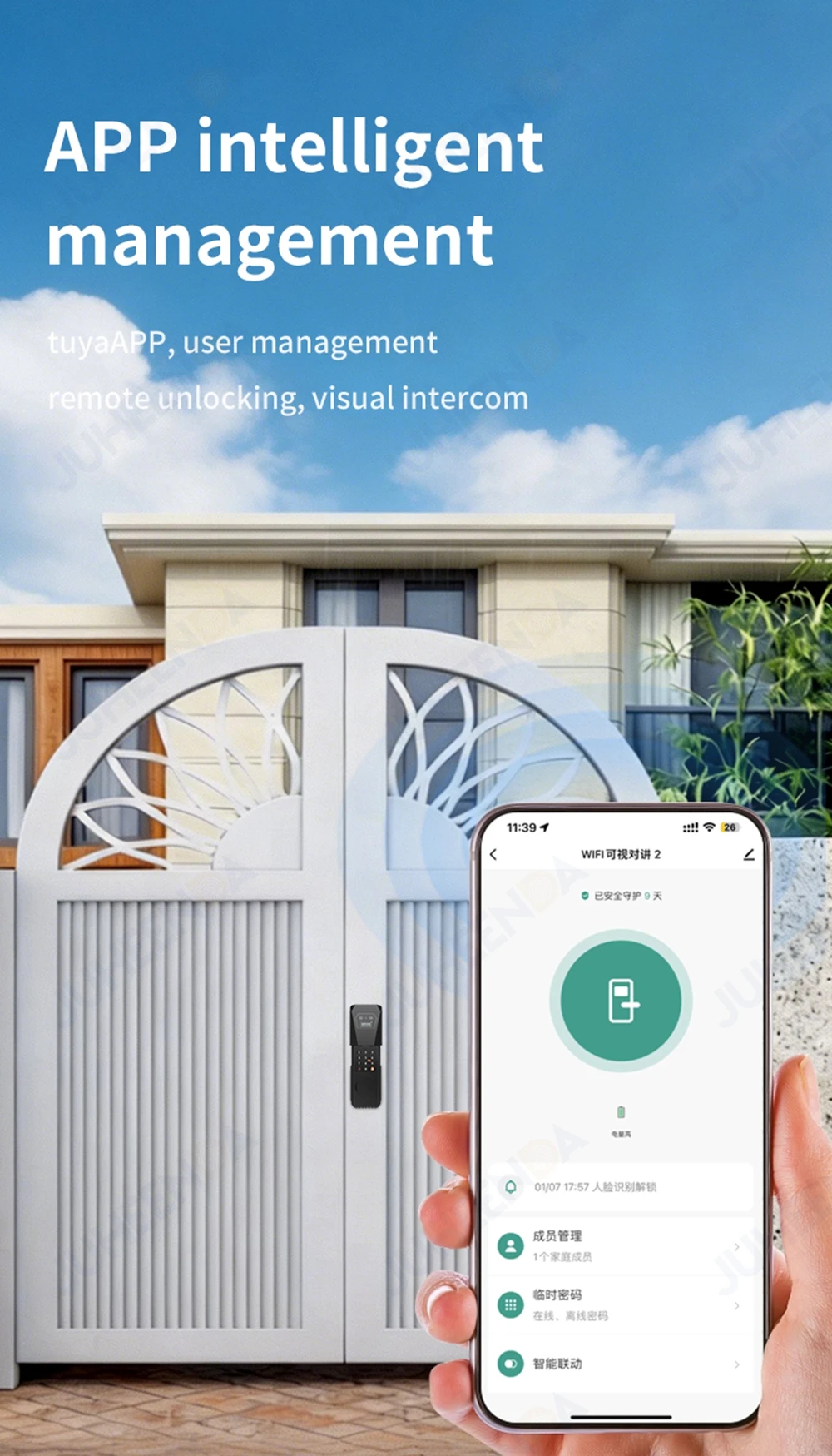 Wasserdichtes Tuya Smart Fingerabdruck-Torschloss für den Außenbereich mit Gesichtserkennung, Türklingel, Video-Gegensprechanlage, RFID-Karte und digitalem Codezugang – Detail 17