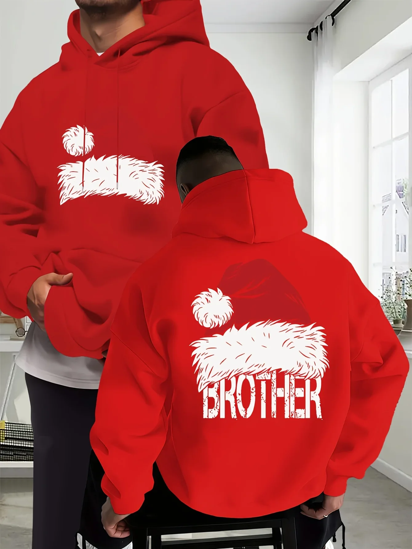 Vintage Distressed Santa Hat Graphic Hoodie, Christmas Brother Quote Sweatshirt, Casual Holiday Unisex Oversized Hoodie