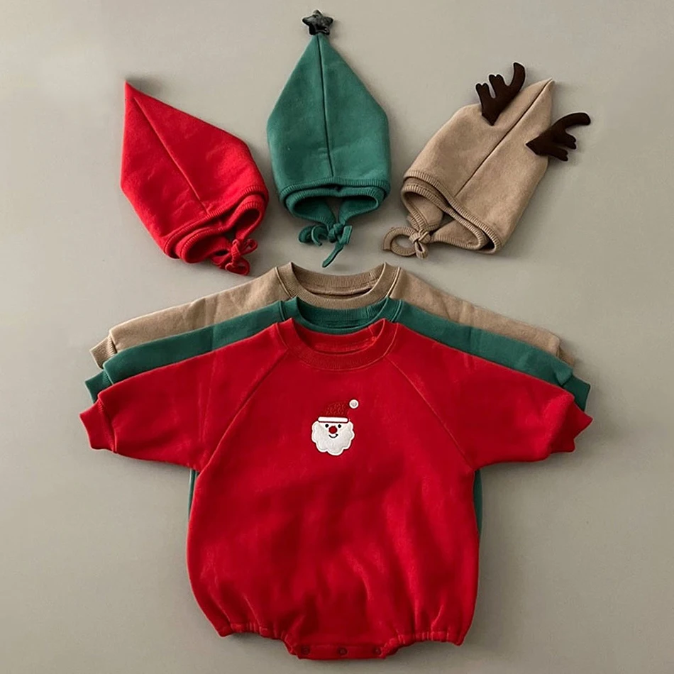 幼児秋冬クリスマス厚手フリース暖かいジャンプスーツセットベビー男の子女の子新生児帽子ロンパース幼児無地プリントかわいい衣装