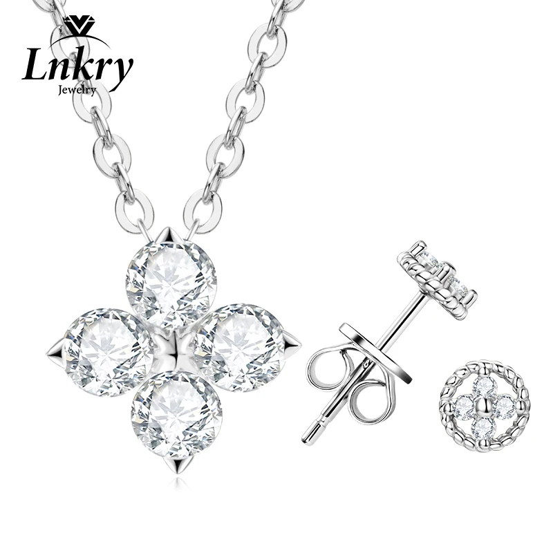 

Lnkry 925 Sterling Silver Pendant Necklace Earring Certified GRA Lucky Flowers Moissanite Necklace Stud Earrings Jewelry Set