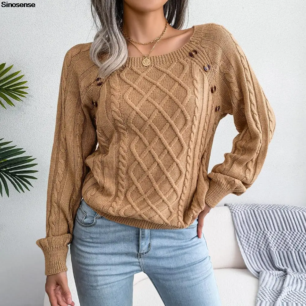 Womens Autumn Winter Cable Knit Sweater Solid Color Square Neck Buttons Long Sleeve Ribbed Knitted Pullover Loose Jumpers Tops