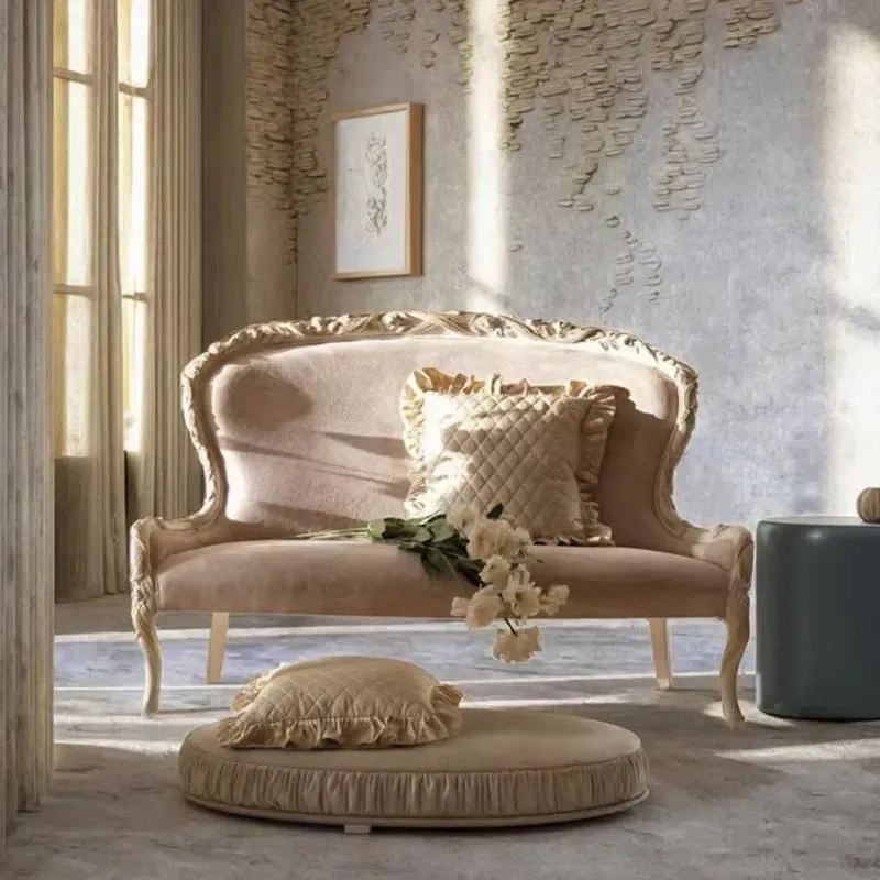 Luxury Ivory White Solid Wood Hand Carved Fabric Sofa French Casual Style Sponge Filling for Hotel Double Seat