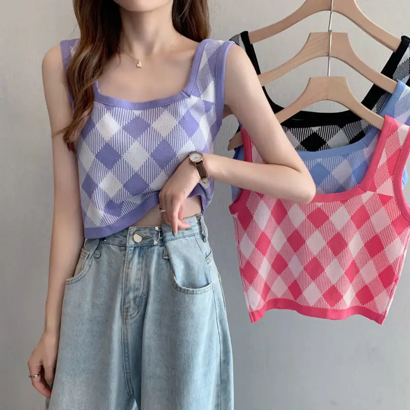 Retro Fashion Plaid Knitting Tank Top Summer New Women Clothing Sweet All-match Elasticity Top Tee Female Casual Pullover Tshirt