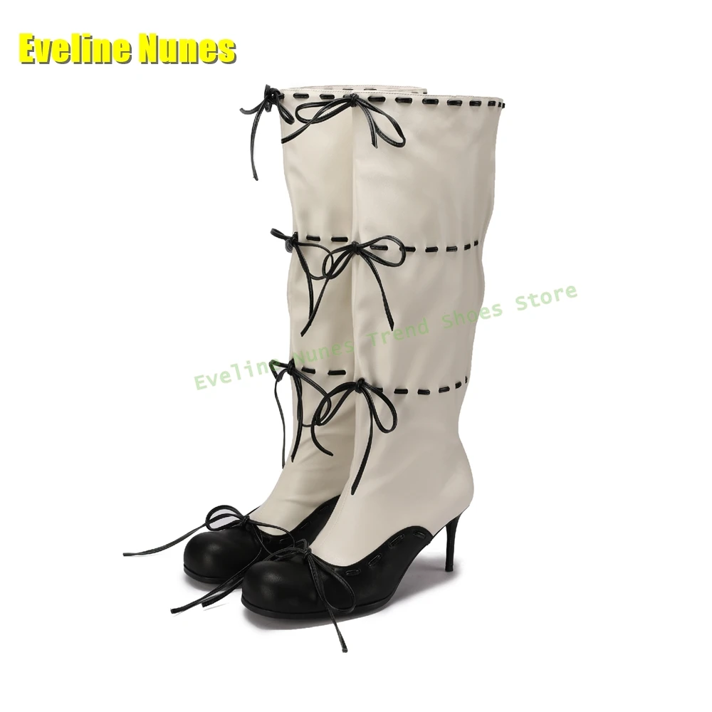 Bowknot Mixed Colors Stiletto Boots Round Toe Thin Heels Lace Up Patchwork Women Fashion Knee High Boots 2025 New Arrival Trend